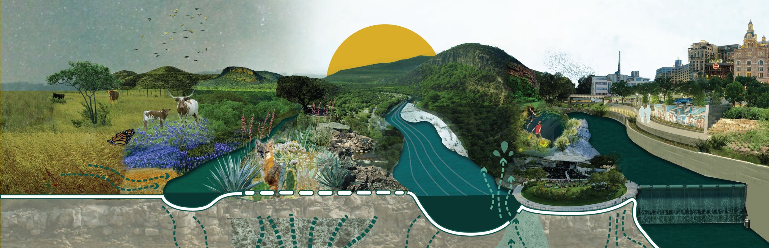 The iconic Hill Country Spring - Jacob's Well - is illuminated by a scuba diver at sunset.